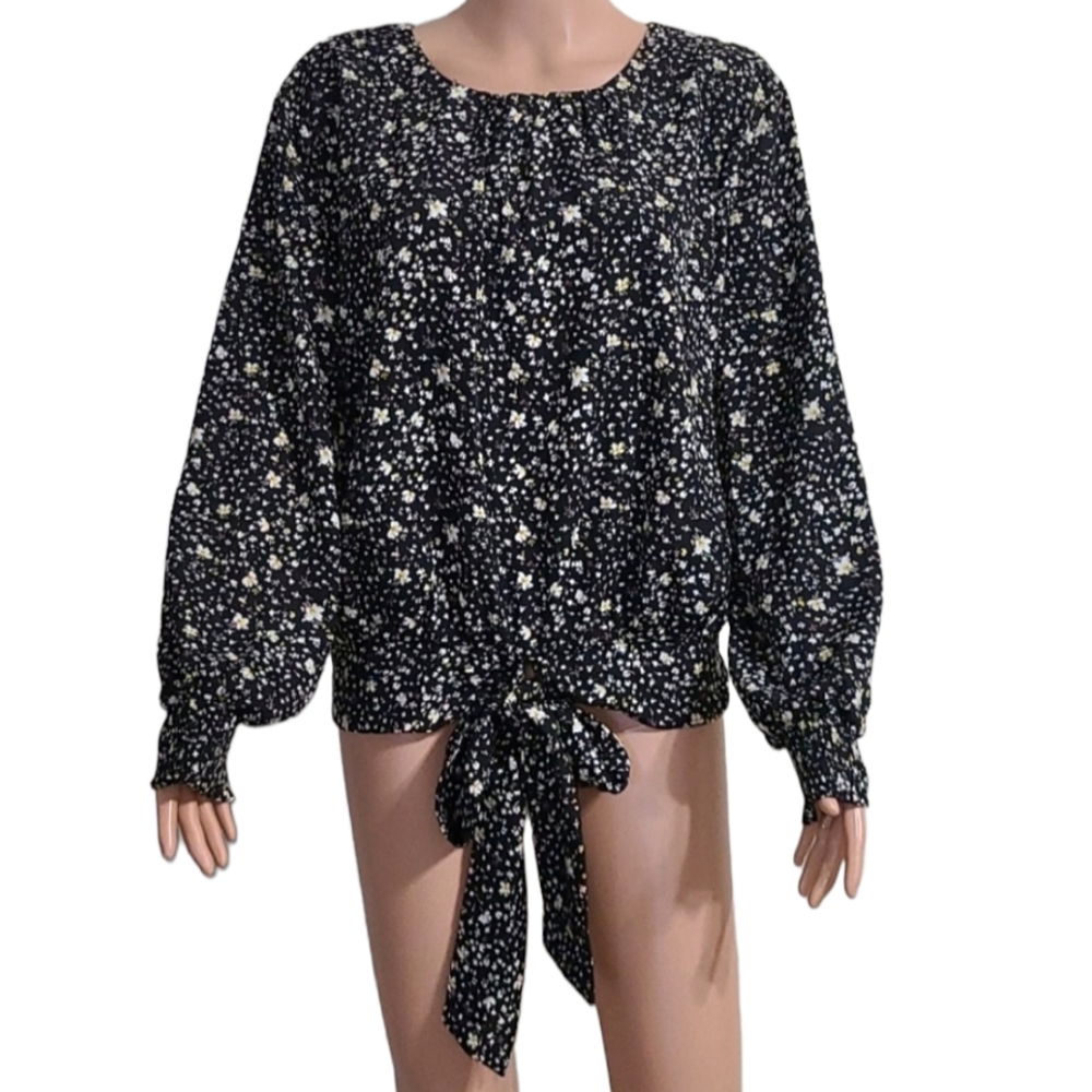 L.N.V Women's Floral Black White and Yellow Long‎ Sleeve Plus Size 1X Blouse Top